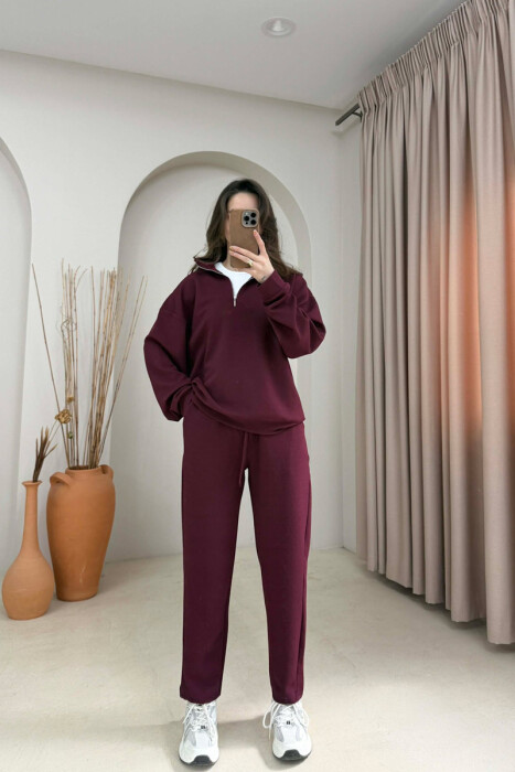 ONE COLOR ZIPPER SWEATSHIRT + SWEATPANTS WOMAN SET BURGUNDY/VISHNJE - KLAUDIO FASHION