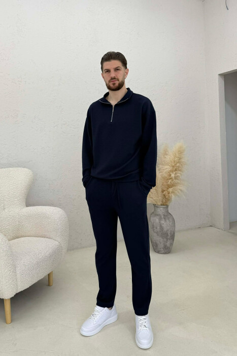 ONE COLOR ZIPPER SWEATSHIRT + SWEATPANTS MEN SET DARK BLUE/BEE 