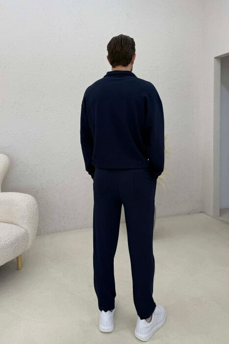 ONE COLOR ZIPPER SWEATSHIRT + SWEATPANTS MEN SET DARK BLUE/BEE - 4