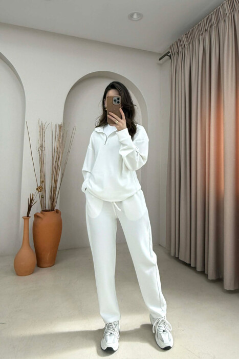 ONE COLOR ZIPPER SWEATSHIRT + SWEATPANTS WOMAN SET WHITE-E BARDHE 