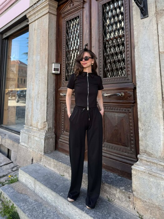 ONE COLOR ZIPPER T-SHIRT + SWEATPANTS WOMAN SET BLACK/ E ZEZE - 