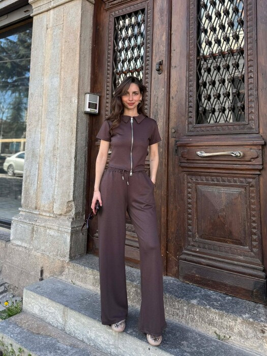 ONE COLOR ZIPPER T-SHIRT + SWEATPANTS WOMAN SET BROWN/KAFE - 