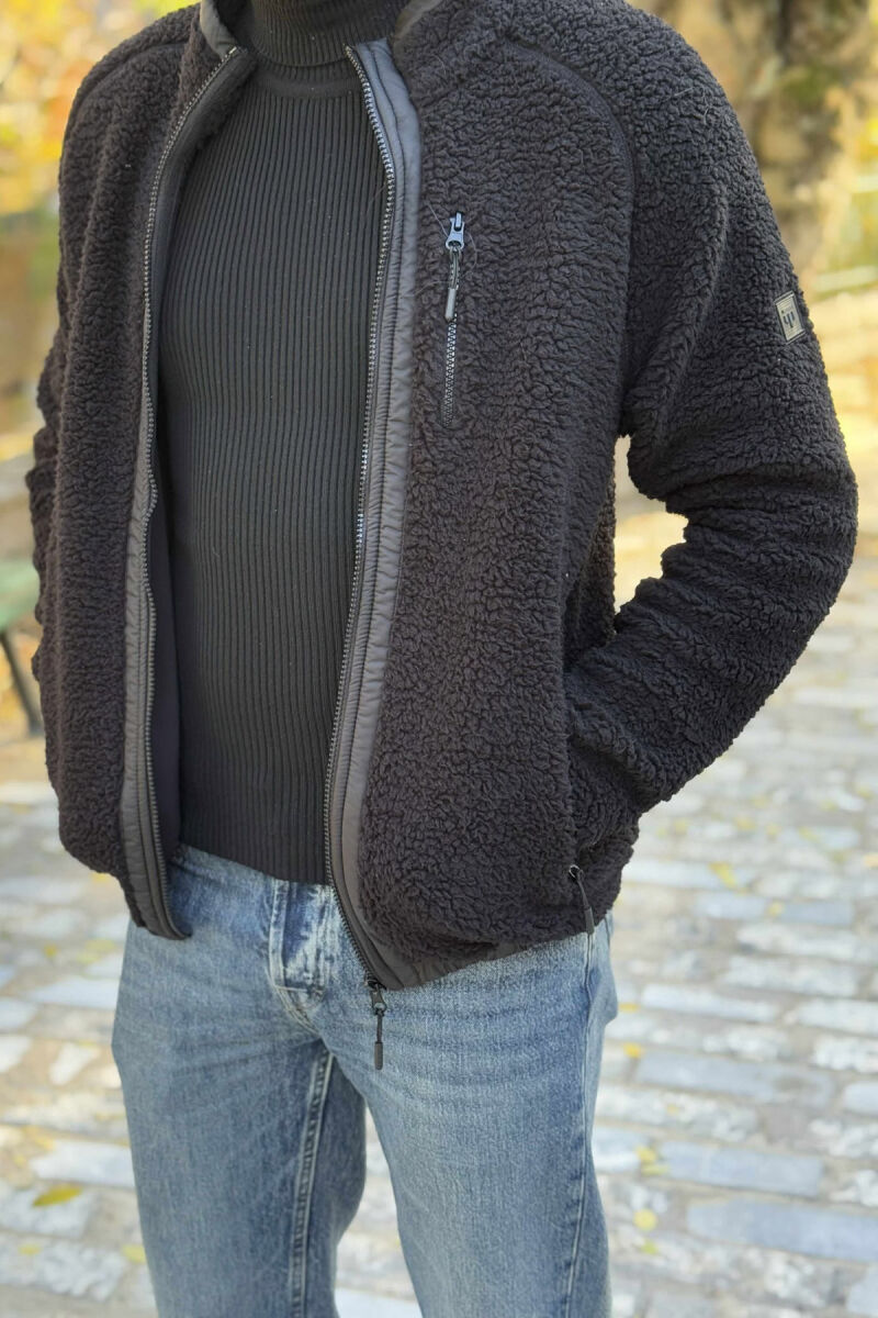 ONE COLOR ZIPPER TEDDY MEN JACKET BLACK/ E ZEZE - 2