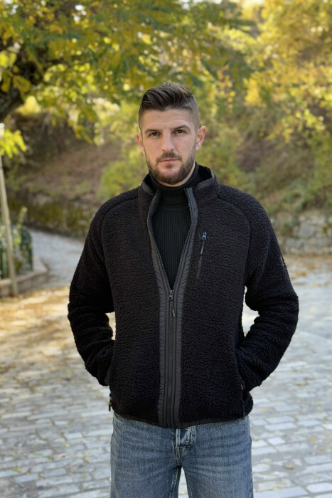 ONE COLOR ZIPPER TEDDY MEN JACKET BLACK/ E ZEZE - 4