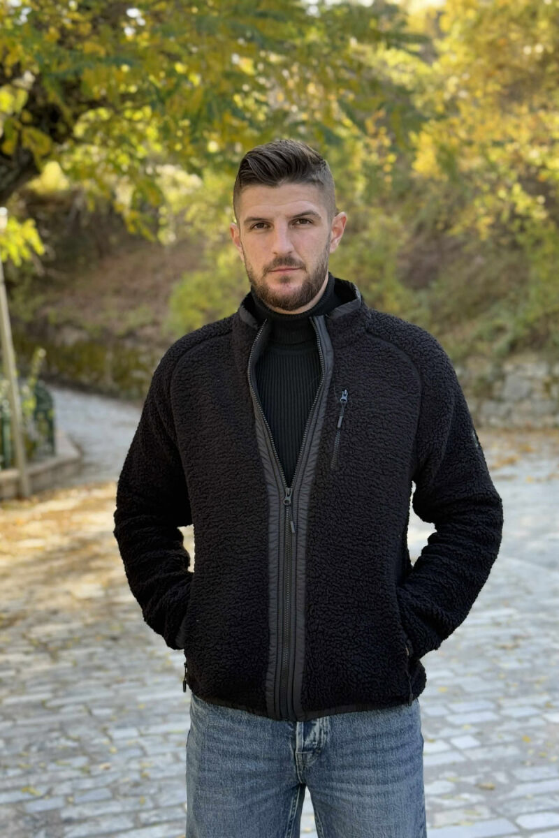 ONE COLOR ZIPPER TEDDY MEN JACKET BLACK/ E ZEZE - 4