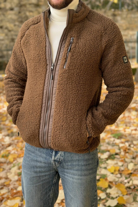 ONE COLOR ZIPPER TEDDY MEN JACKET BROWN/KAFE - 2