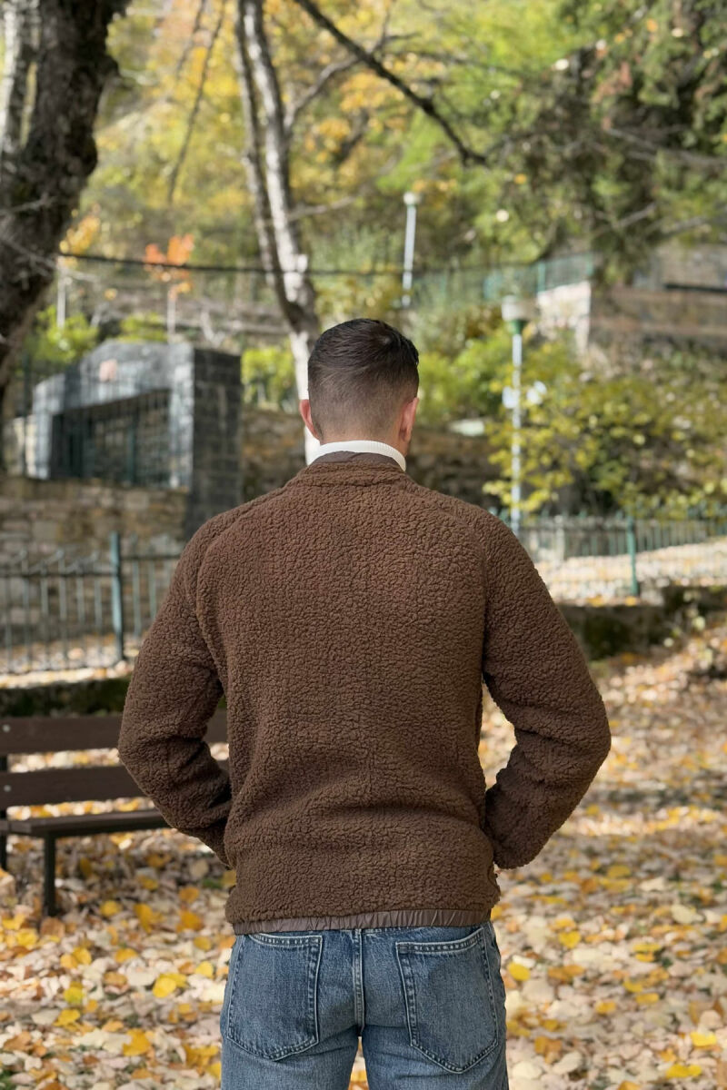 ONE COLOR ZIPPER TEDDY MEN JACKET BROWN/KAFE - 3