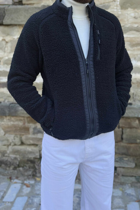 ONE COLOR ZIPPER TEDDY MEN JACKET DARK BLUE/BEE - 2