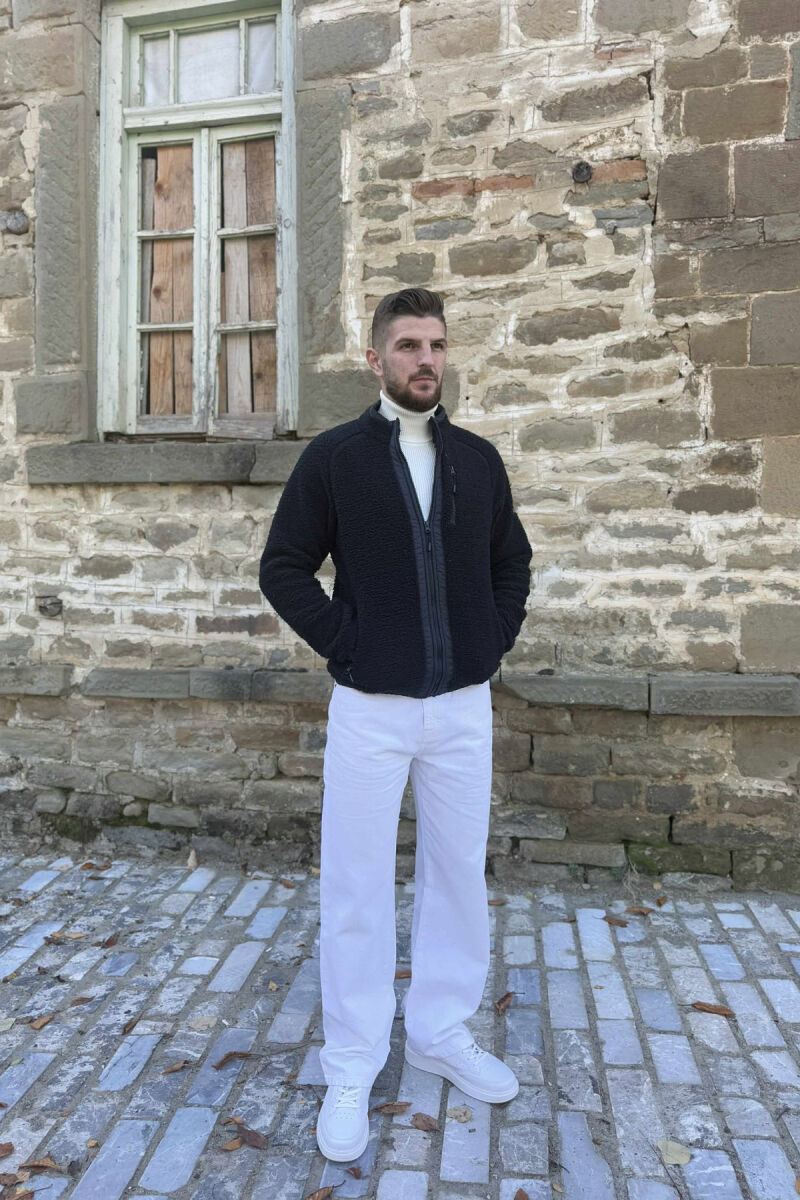 ONE COLOR ZIPPER TEDDY MEN JACKET DARK BLUE/BEE - 3