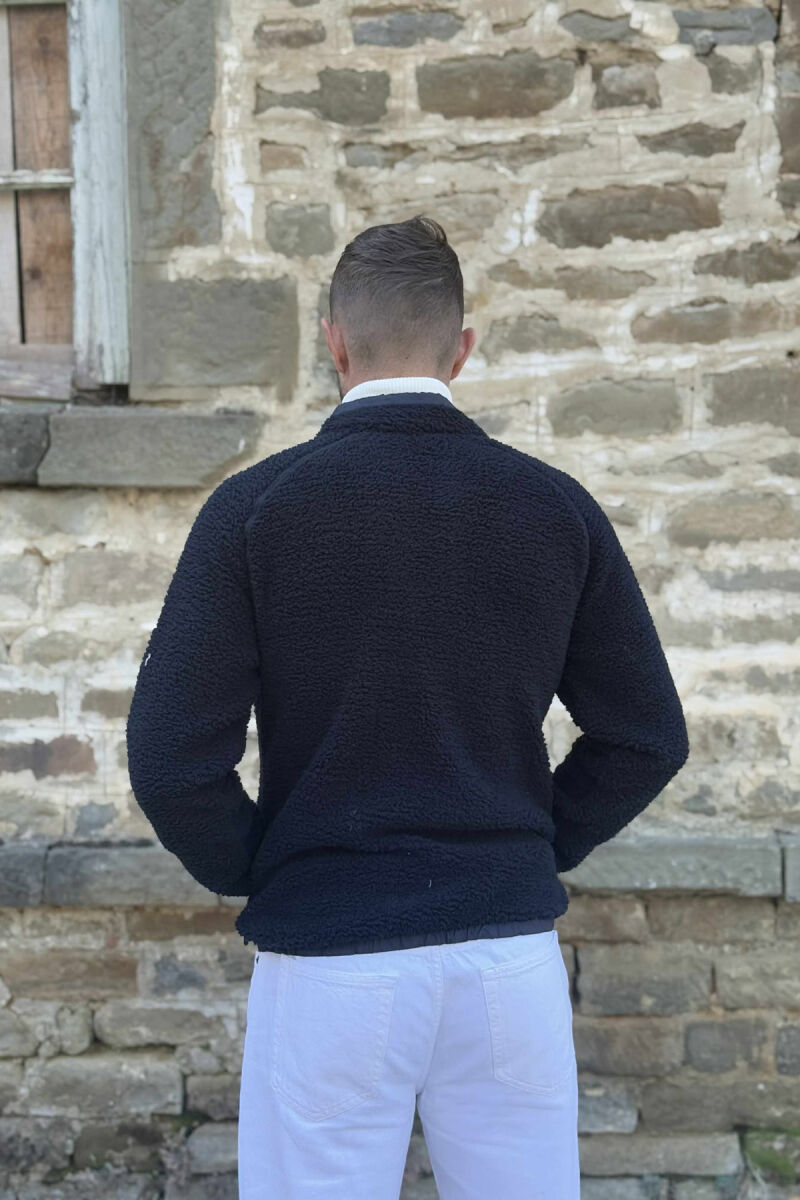 ONE COLOR ZIPPER TEDDY MEN JACKET DARK BLUE/BEE - 4