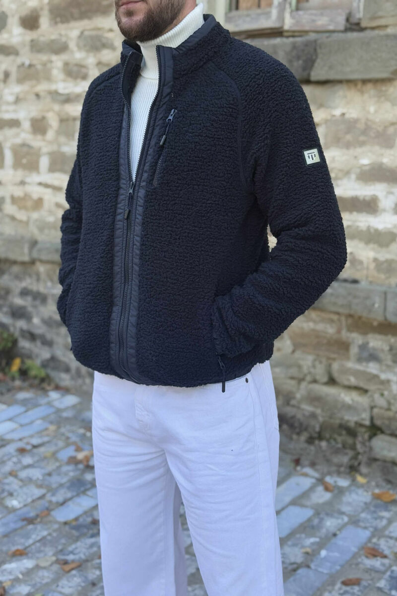 ONE COLOR ZIPPER TEDDY MEN JACKET DARK BLUE/BEE - 5