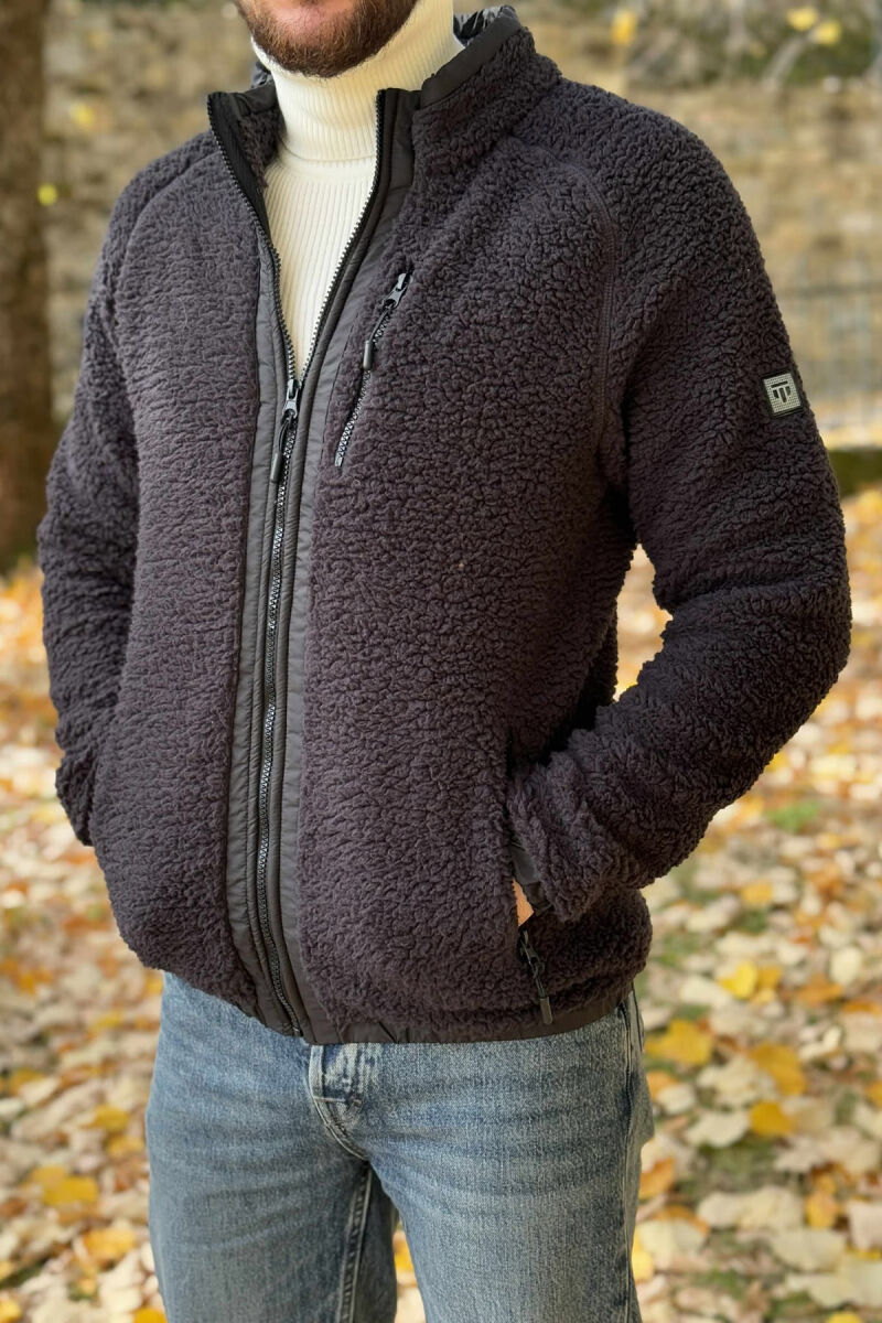 ONE COLOR ZIPPER TEDDY MEN JACKET DARK GREY/GEE - 3