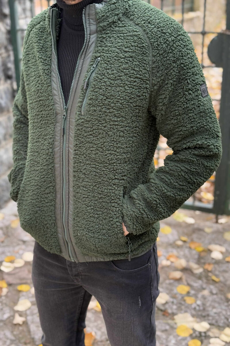 ONE COLOR ZIPPER TEDDY MEN JACKET GREEN/JESHILE - 2