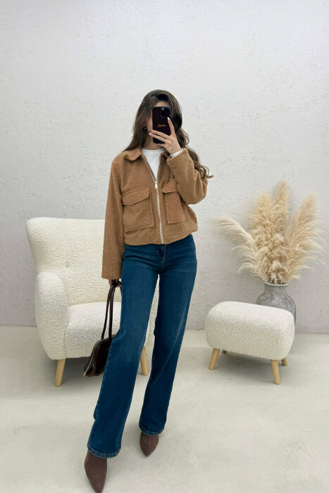 ONE COLOR ZIPPER TWO FRONT POCKETS WOMAN JACKETS BEIGE/BEZHE - 2