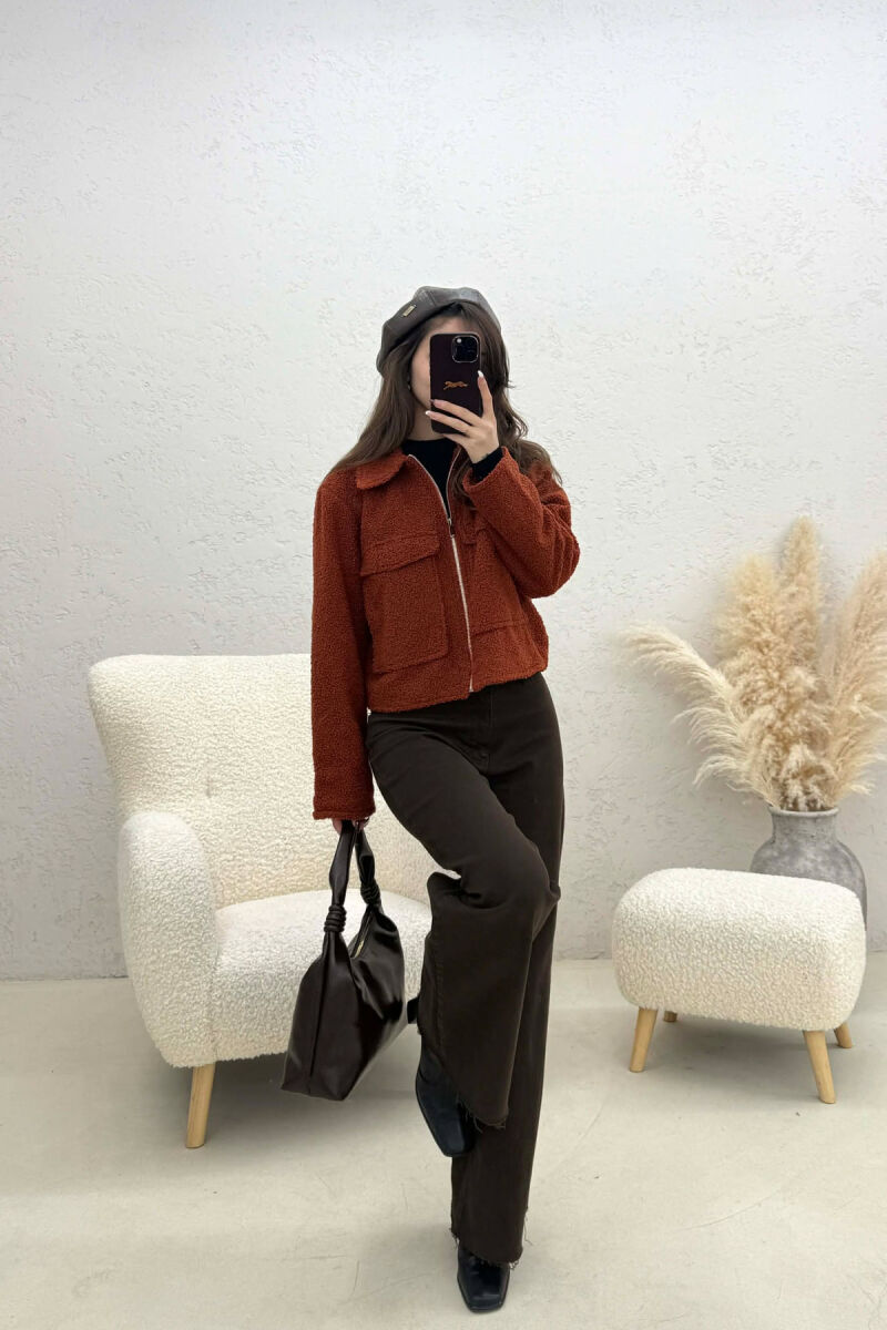 ONE COLOR ZIPPER TWO FRONT POCKETS WOMAN JACKETS BRICK/TULLE - 2