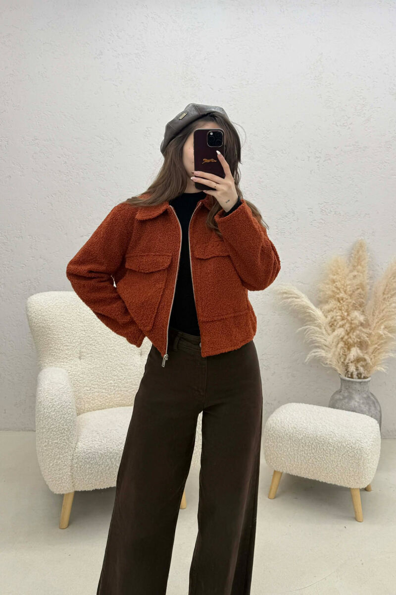 ONE COLOR ZIPPER TWO FRONT POCKETS WOMAN JACKETS BRICK/TULLE - 3