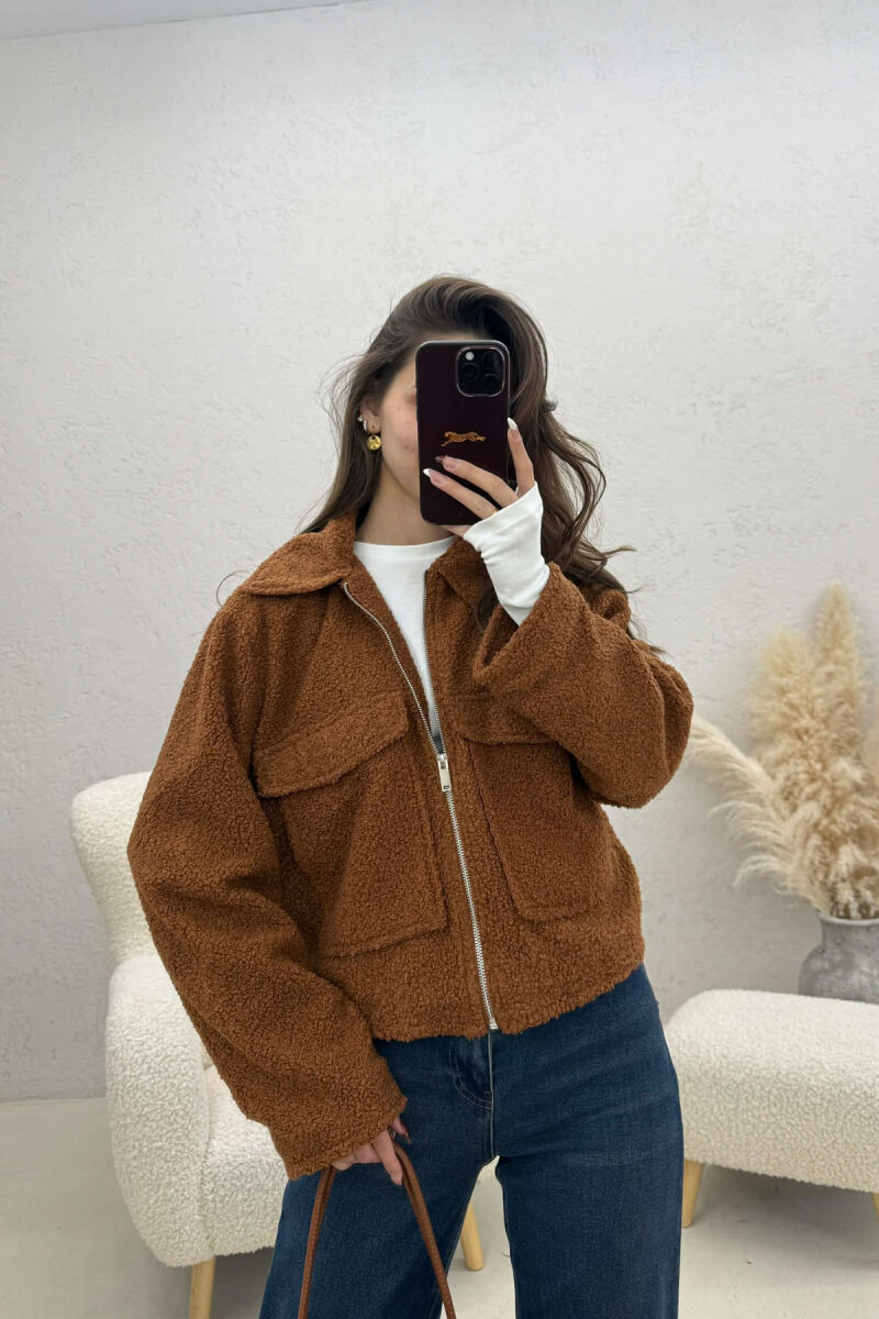 ONE COLOR ZIPPER TWO FRONT POCKETS WOMAN JACKETS BROWN/KAFE - 1