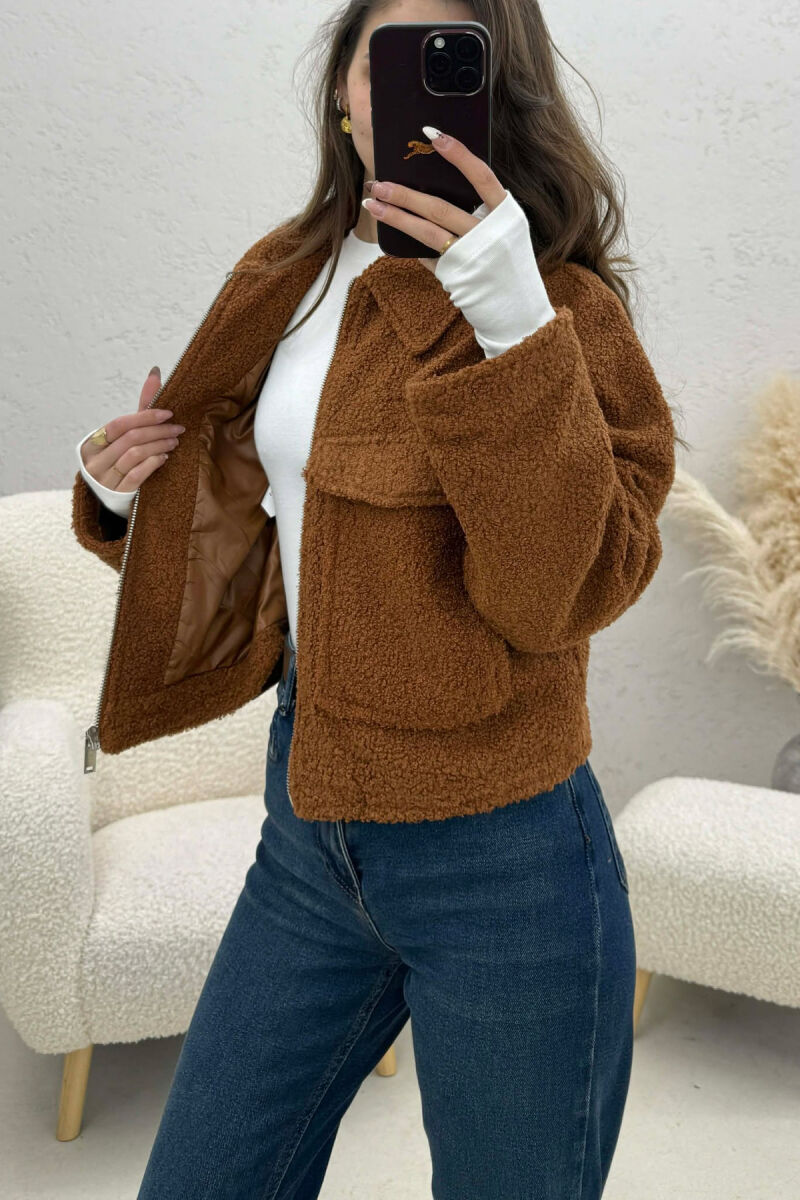 ONE COLOR ZIPPER TWO FRONT POCKETS WOMAN JACKETS BROWN/KAFE - 2