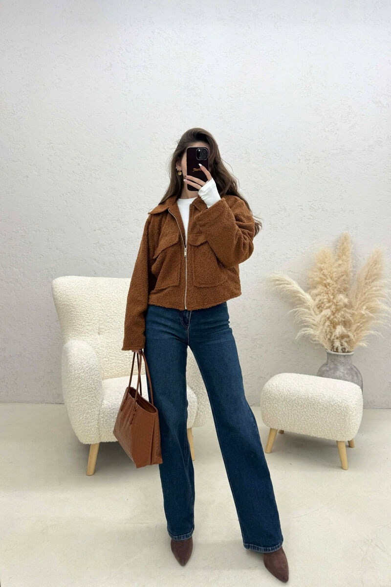 ONE COLOR ZIPPER TWO FRONT POCKETS WOMAN JACKETS BROWN/KAFE - 4