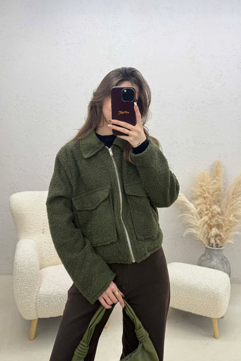ONE COLOR ZIPPER TWO FRONT POCKETS WOMAN JACKETS GREEN/JESHILE - 1