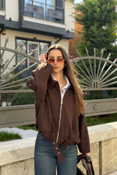 ONE COLOR ZIPPER WOMAN JACKET BROWN/KAFE - KLAUDIO FASHION