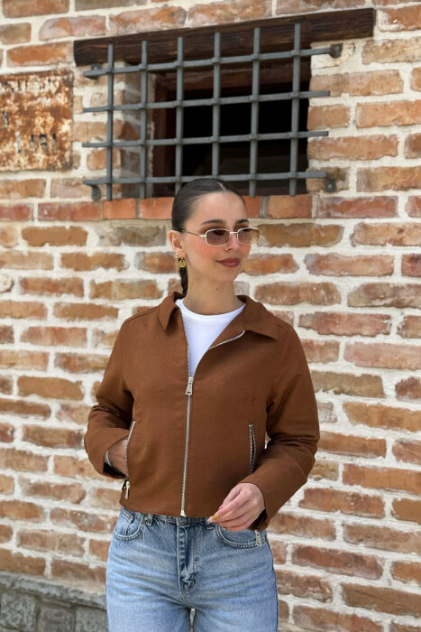 ONE COLOR ZIPPER WOMAN JACKET BROWN/KAFE - 1