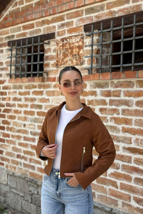 ONE COLOR ZIPPER WOMAN JACKET BROWN/KAFE - 4