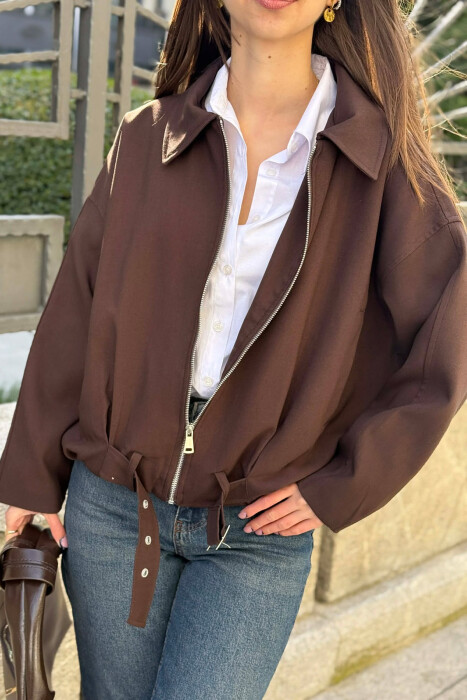 ONE COLOR ZIPPER WOMAN JACKET BROWN/KAFE - 3