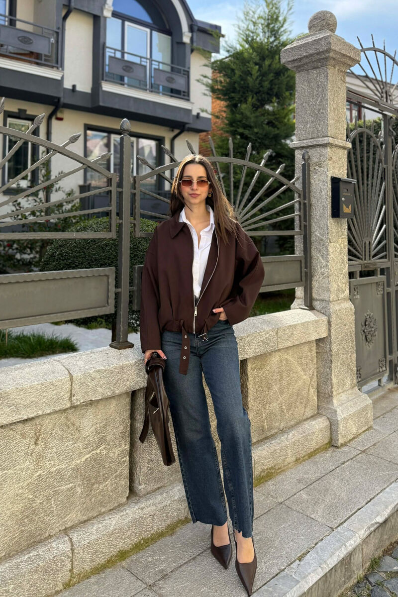 ONE COLOR ZIPPER WOMAN JACKET BROWN/KAFE - 4