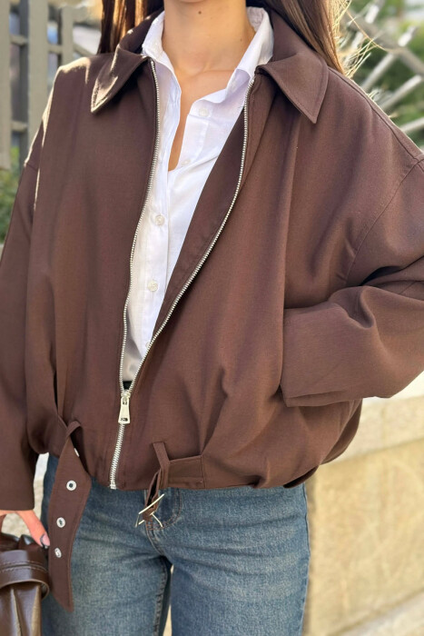 ONE COLOR ZIPPER WOMAN JACKET BROWN/KAFE - 5