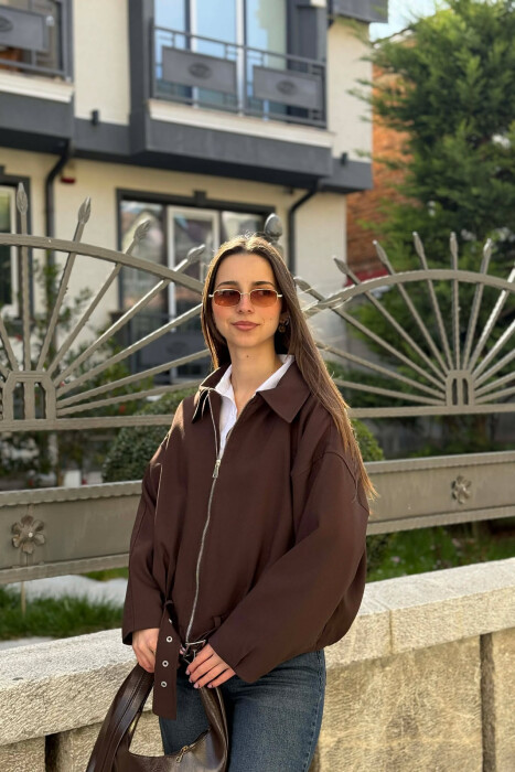 ONE COLOR ZIPPER WOMAN JACKET BROWN/KAFE - 6