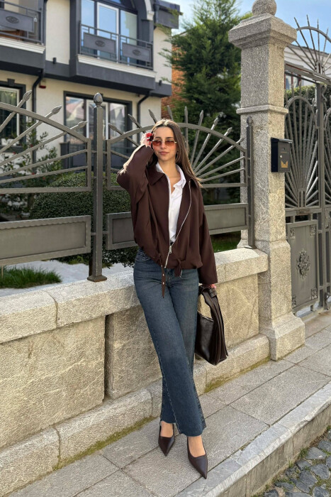 ONE COLOR ZIPPER WOMAN JACKET BROWN/KAFE - 7