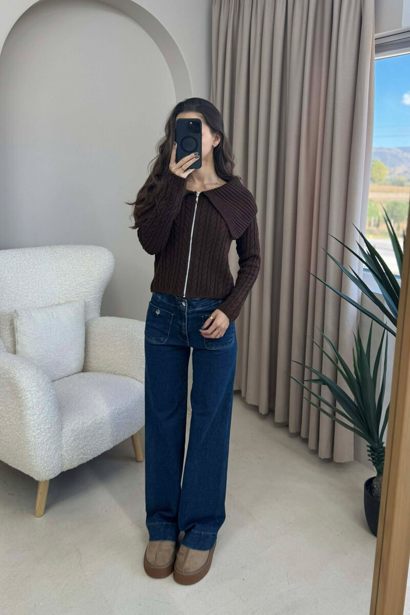 ONE COLOR ZIPPERED WOMEN CARDIGAN DARK BROWN/KAE - 2