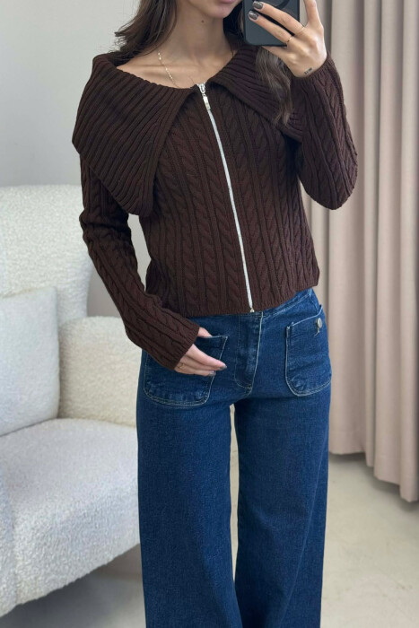ONE COLOR ZIPPERED WOMEN CARDIGAN DARK BROWN/KAE - 3