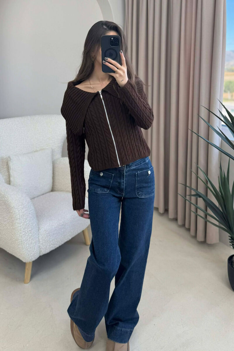 ONE COLOR ZIPPERED WOMEN CARDIGAN DARK BROWN/KAE - 4