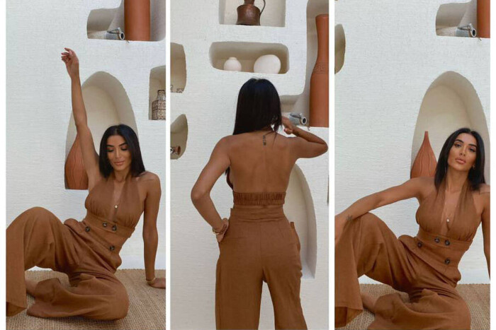 ONE COLORS CROP+TREOSERS WOMAN SET BROWN/KAFE - KLAUDIO FASHION