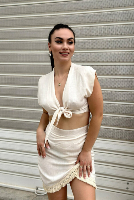 ONE COLOUR KNITTED DETAIL WOMAN CROP & SKIRT CREAM/KREM - KLAUDIO FASHION