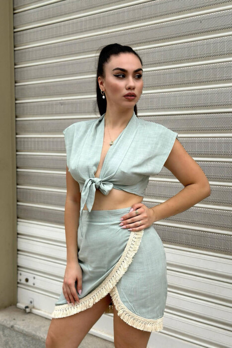 ONE COLOUR KNITTED DETAIL WOMAN CROP & SKIRT MINT/MENTE - KLAUDIO FASHION