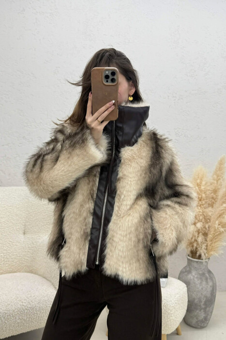 ONE COLOUR ZIPPER FAUX FUR WOMAN COAT BEIGE/BEZHE 