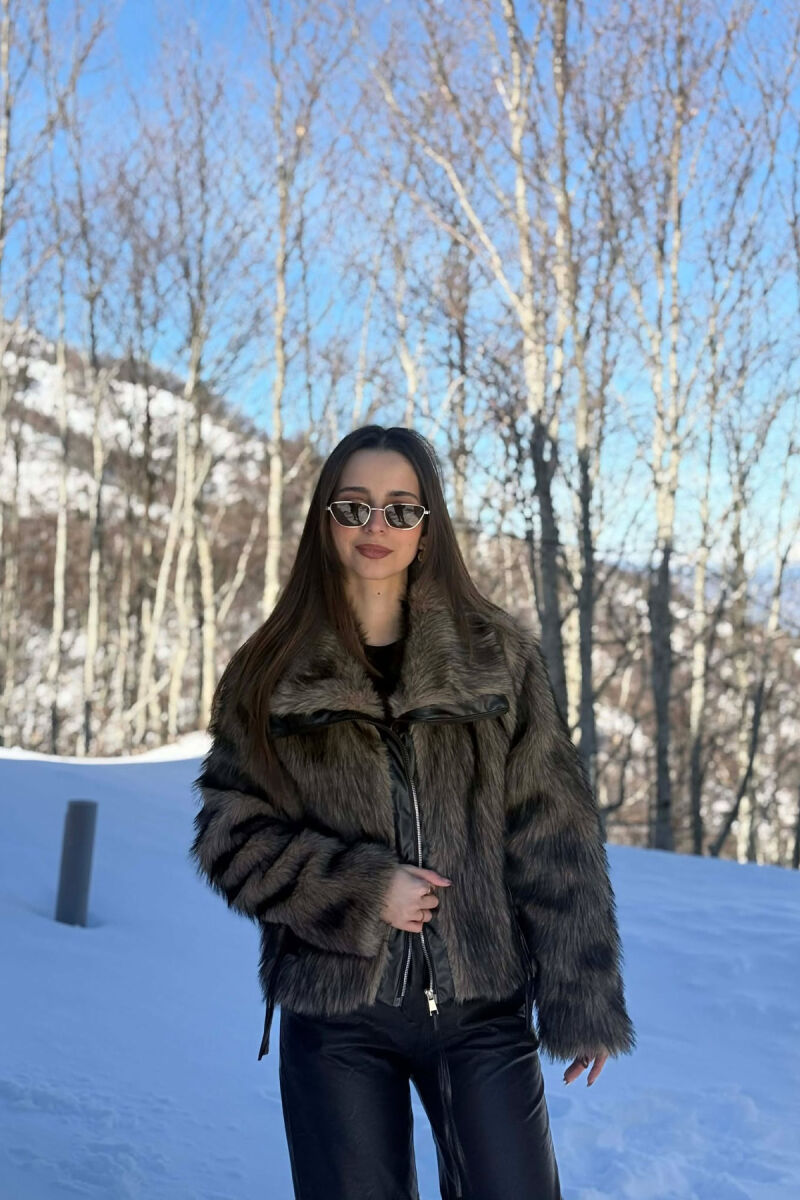 ONE COLOUR ZIPPER FAUX FUR WOMAN COAT BLACK-BROWN/ZEKA - 1