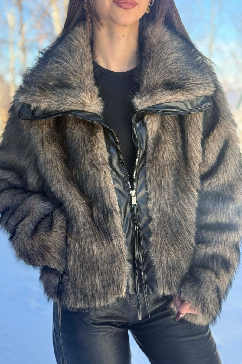 ONE COLOUR ZIPPER FAUX FUR WOMAN COAT BLACK-BROWN/ZEKA - 2