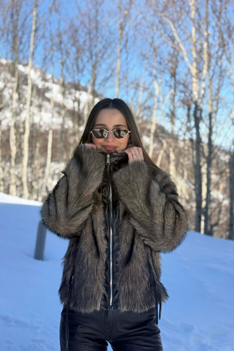 ONE COLOUR ZIPPER FAUX FUR WOMAN COAT BLACK-BROWN/ZEKA - 3