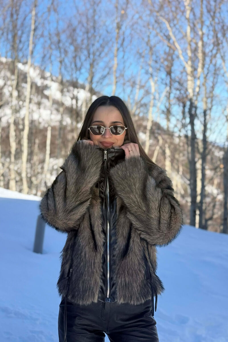 ONE COLOUR ZIPPER FAUX FUR WOMAN COAT BLACK-BROWN/ZEKA - 3