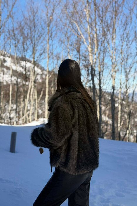 ONE COLOUR ZIPPER FAUX FUR WOMAN COAT BLACK-BROWN/ZEKA - 4