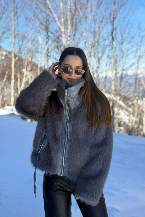 ONE COLOUR ZIPPER FAUX FUR WOMAN COAT BLUE STONE/GK 