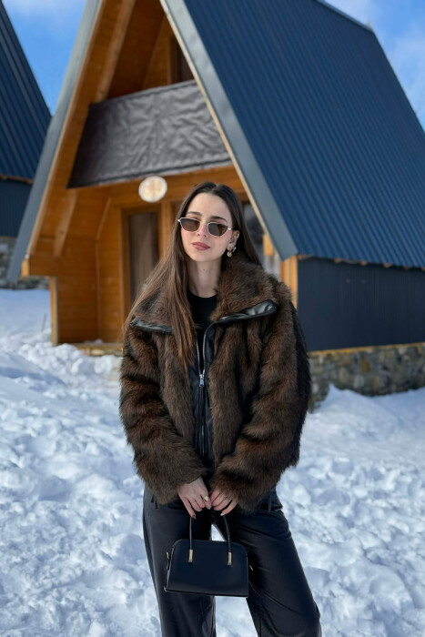 ONE COLOUR ZIPPER FAUX FUR WOMAN COAT DARK BROWN/KAE 