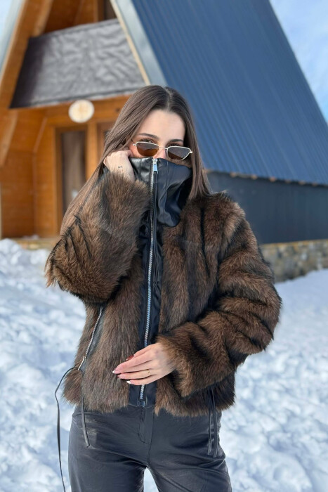 ONE COLOUR ZIPPER FAUX FUR WOMAN COAT DARK BROWN/KAE - 3