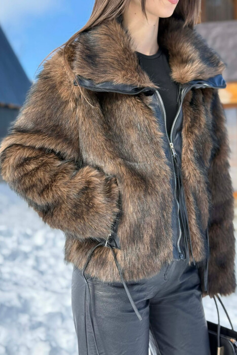 ONE COLOUR ZIPPER FAUX FUR WOMAN COAT DARK BROWN/KAE - 4