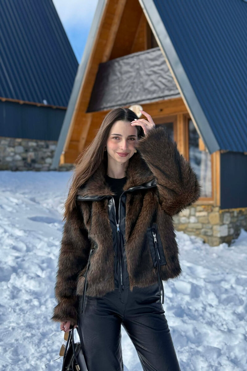 ONE COLOUR ZIPPER FAUX FUR WOMAN COAT DARK BROWN/KAE - 5