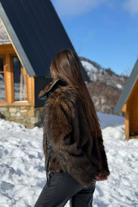 ONE COLOUR ZIPPER FAUX FUR WOMAN COAT DARK BROWN/KAE - 6